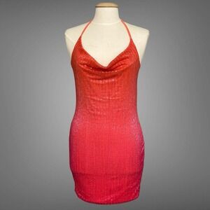 Club L London Womens Dress 6 US Pink Ombre Sequin Cowl Neck Mini Sexy Bodycon